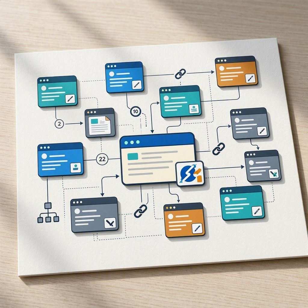 A printed canvas lying flat on a light wooden table features a stylized technical flowchart showing website link architecture. The diagram maps a primary central web window connected through arrows, dotted route paths, chain-link symbols, and numbered connector nodes to various colorful browser windows and sub-pages. This image is created by ai