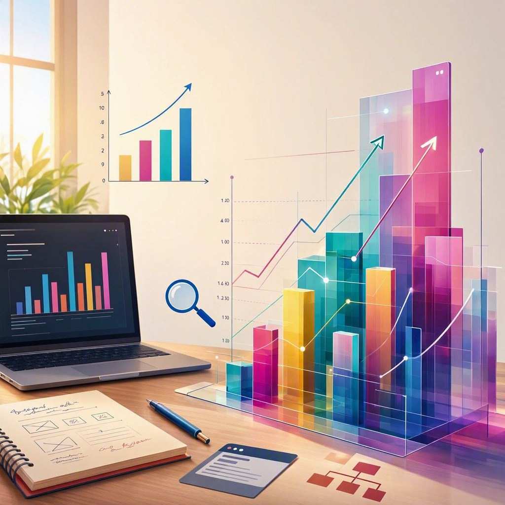 A bright office desk setup features a laptop displaying colorful bar charts, alongside an open wireframe sketchbook, a blue pen, UI card mockups, and a floating blue magnifying glass icon. Rising from the desk surface is a vibrant, translucent 3D bar and line chart in shades of pink, yellow, teal, and purple, with upward growth arrows projecting upward into the space. This image is created by ai