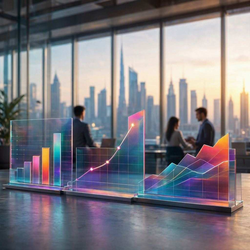 Three illuminated glass-like acrylic displays stand in a row across a conference table, showing vibrant glowing bar charts, line graphs, and topological area charts. In the soft-focus background, corporate professionals converse in front of floor-to-ceiling windows overlooking a sprawling urban skyline at dusk. This image is created by ai