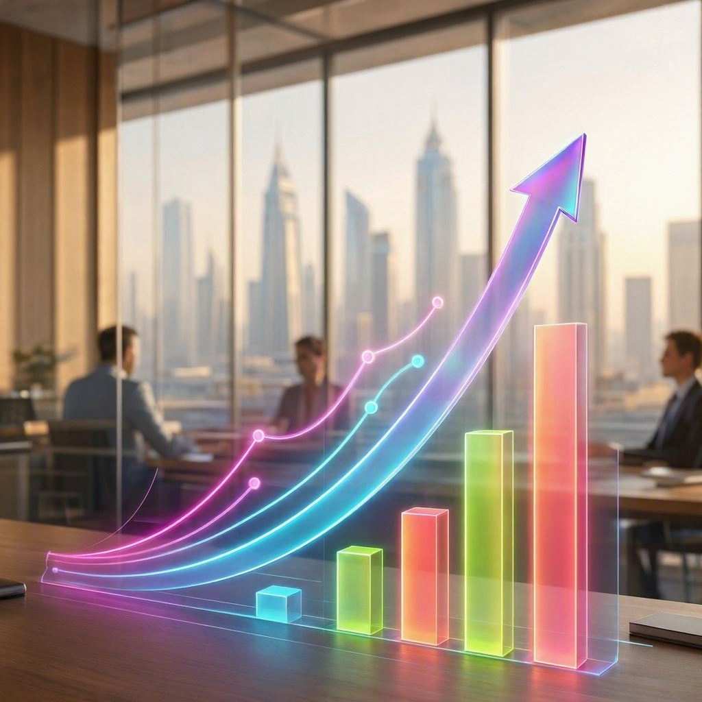 On a polished wooden conference table in a high-rise office, a glowing 3D holographic chart rises prominently in the foreground, featuring luminous translucent vertical bars and upward-curving neon trend lines ending in a large arrow. In the background, seated business executives meet in front of wide windows showing a daytime city skyline with distant skyscrapers. This image is created by ai