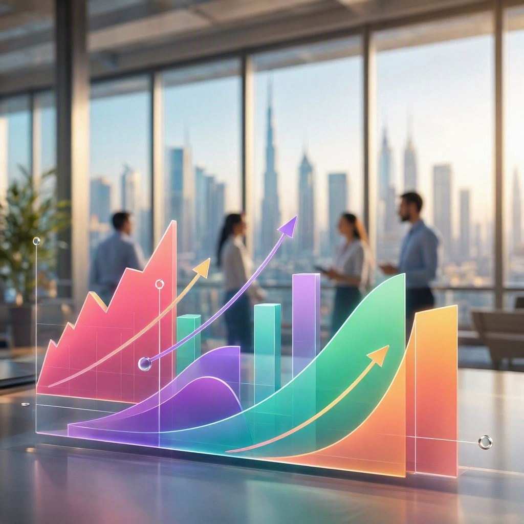 In a modern high-rise boardroom, a vibrant holographic growth chart glows on the conference table in the foreground, displaying multicolored, translucent bar and area graphs with upward-pointing trend arrows. In the softly blurred background, a team of business professionals stands talking near expansive floor-to-ceiling windows that overlook a sunny city skyline with towering skyscrapers. This image is created by ai