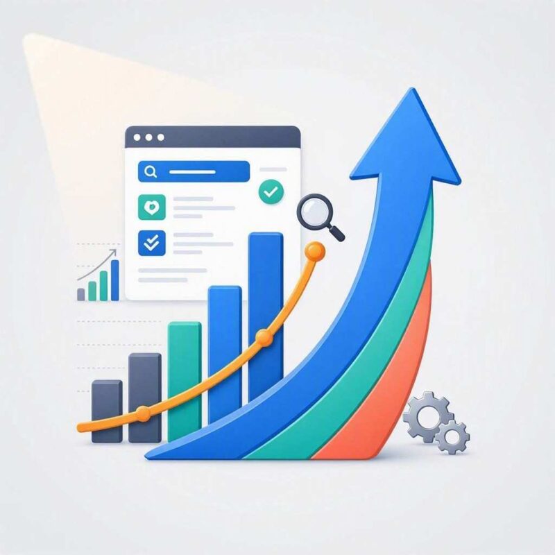 A modern 3D vector illustration showcases search engine optimization growth with a prominent blue and green arrow soaring upward. It features a stylized browser search results window, an ascending bar chart, an orange trend line, a magnifying glass icon, and small gray gears on a light, subtly lit background. This image is created by ai