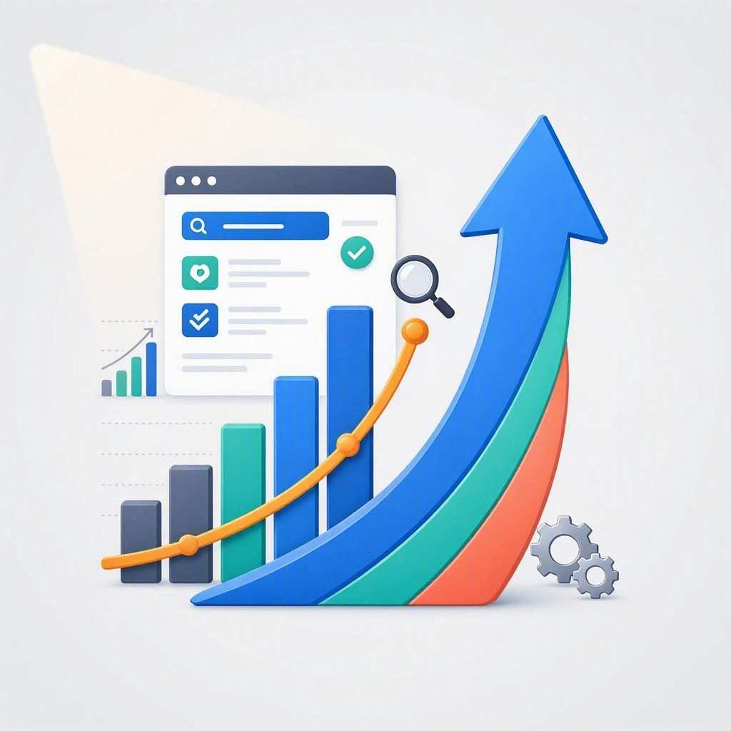 A modern 3D vector illustration showcases search engine optimization growth with a prominent blue and green arrow soaring upward. It features a stylized browser search results window, an ascending bar chart, an orange trend line, a magnifying glass icon, and small gray gears on a light, subtly lit background. This image is created by ai