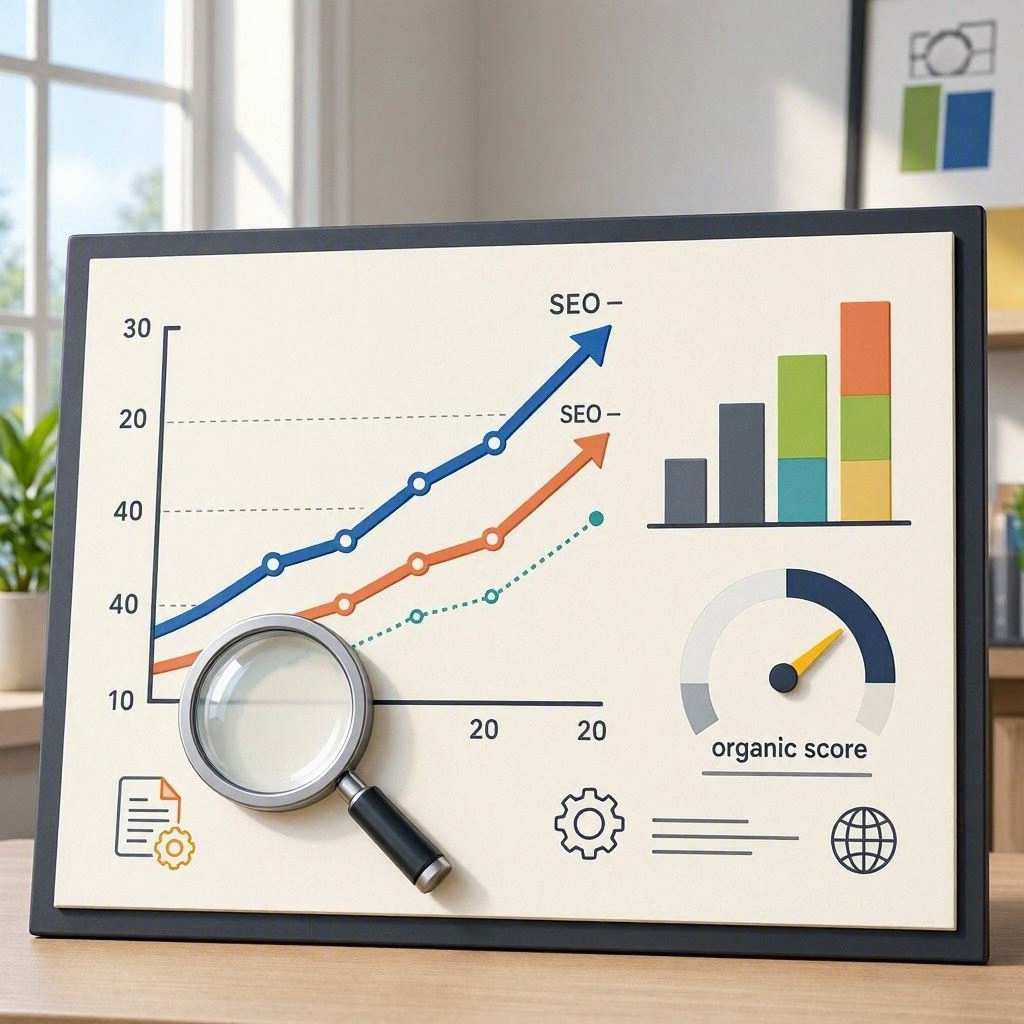 A framed tabletop whiteboard display showcases an SEO analytics report with rising blue and orange trend lines labeled "SEO", stacked multi-colored bar charts, an "organic score" gauge meter, a 3D magnifying glass resting over the graph axis, and small technical line icons. This image is created by ai
