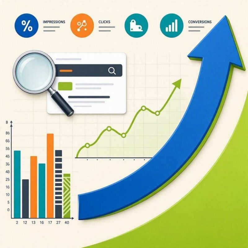 An SEO and digital marketing infographic features a bold, curved blue growth arrow sweeping upward across a light green and off-white background. The design incorporates top metric badges for impressions, clicks, and conversions, a search engine result snippet viewed through a magnifying glass, an upward-trending green line chart, and a multi-colored vertical bar graph. This image is created by ai