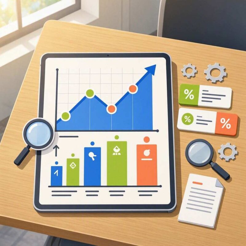 A digital tablet lies flat on a light wooden workspace beside a window, displaying an upward-trending line chart and colorful ranked bar charts. Around the tablet are tactile elements including magnifying glasses, gear icons, percentage badges, and a document sheet. This image is created by ai
