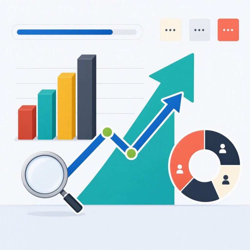 A modern flat-style SEO analytics illustration displays an ascending green growth area chart with an overlaid blue trend arrow, a set of colorful vertical bar charts, a magnifying glass icon, and a segmented circular donut chart representing audience metrics. This image is created by ai