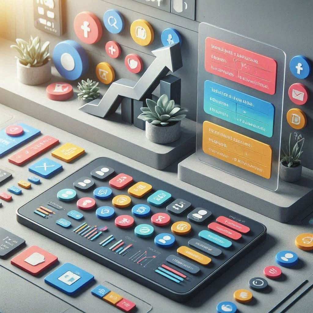 A stylized 3D desktop workspace features a smartphone display packed with rounded social app icons, alongside an ascending growth arrow, a clear acrylic info panel with colored tags, small potted succulents, and scattered circular icon badges. This image is created by ai
