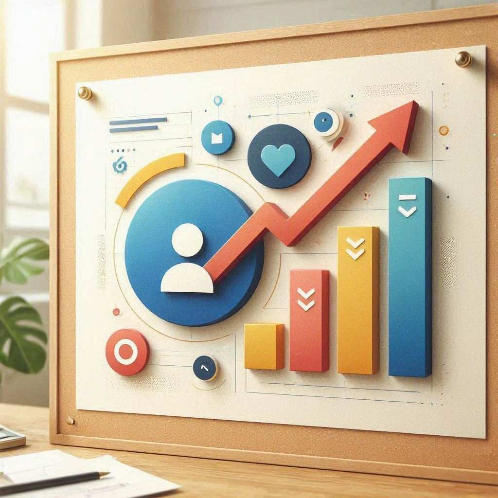 A framed corkboard holds a 3D tactile infographic sheet displaying an upward-trending red arrow, a blue user profile badge, a heart icon, and yellow, orange, and blue vertical bar charts set against a bright, airy office background. This image is created by ai