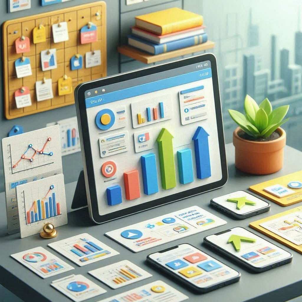 A digital tablet standing on an office desk showcases 3D bar graphs with green and blue upward-pointing arrows alongside donut charts, surrounded by multiple smartphones, printed analytics reports, small potted plants, and a corkboard pinned with notes. This image is created by ai