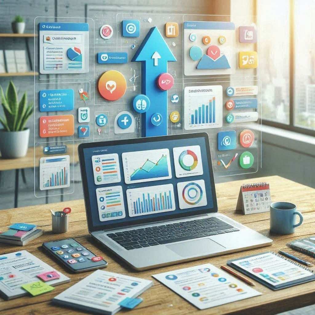 A laptop sitting on a wooden workspace projects a semi-transparent augmented reality dashboard into the air, showcasing a rising blue arrow, data cards, social icons, and charts above printed analytical reports, a calculator, and a coffee mug. This image is created by ai