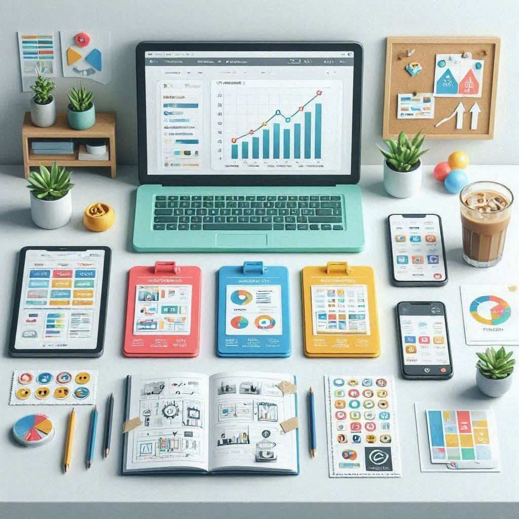 A neatly organized flat lay workspace features a mint green laptop showing an analytics chart, surrounded by tablets, smartphones, three colored mini clipboards, an open wireframe sketchbook, color swatches, potted plants, and an iced coffee. This image is created by ai