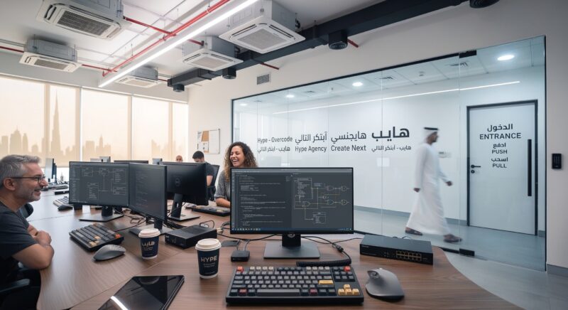 Inside the modern open-plan office of Hype Agency in Dubai, Matteo and Fatima share a laugh while collaborating across multi-monitor workstations displaying software logic and database schemas. Behind them, Tariq works at his desk, while a man in a traditional white kandura walks past the glass-partitioned lobby decorated with bilingual English and Arabic branding, all set against a sunlit window view of the Dubai skyline.