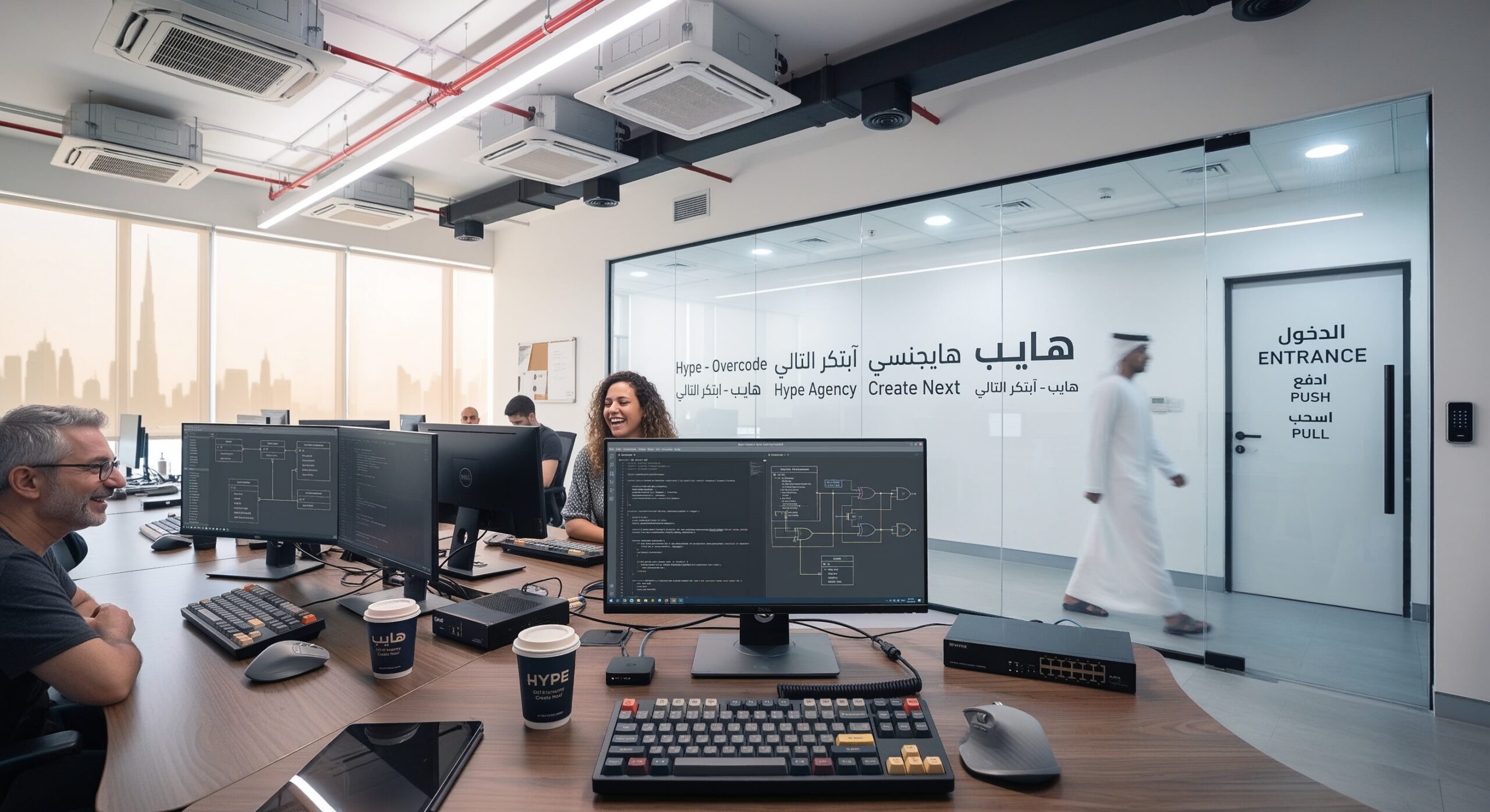 Inside the modern open-plan office of Hype Agency in Dubai, Matteo and Fatima share a laugh while collaborating across multi-monitor workstations displaying software logic and database schemas. Behind them, Tariq works at his desk, while a man in a traditional white kandura walks past the glass-partitioned lobby decorated with bilingual English and Arabic branding, all set against a sunlit window view of the Dubai skyline.
