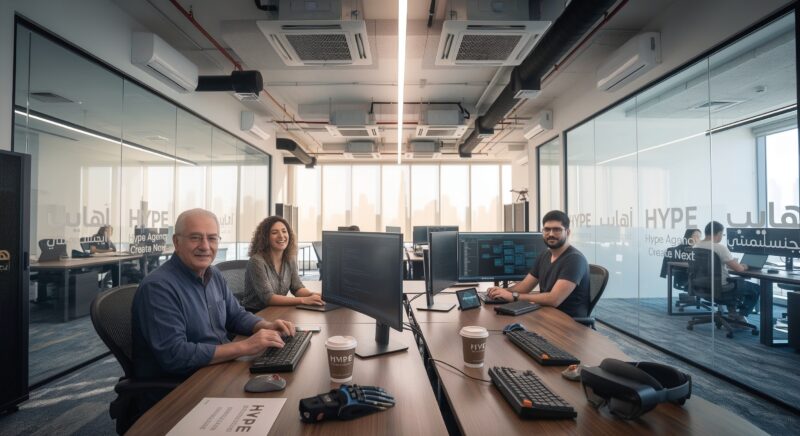 Matteo sits at the front desk smiling beside Fatima as they collaborate in the modern open-plan office of Hype Agency in Dubai. Across the long wooden workstation, Tariq works on a code-filled monitor next to a VR headset and mechanical keyboards, while other team members can be seen working in glass-enclosed spaces overlooking the sunlit Dubai skyline.