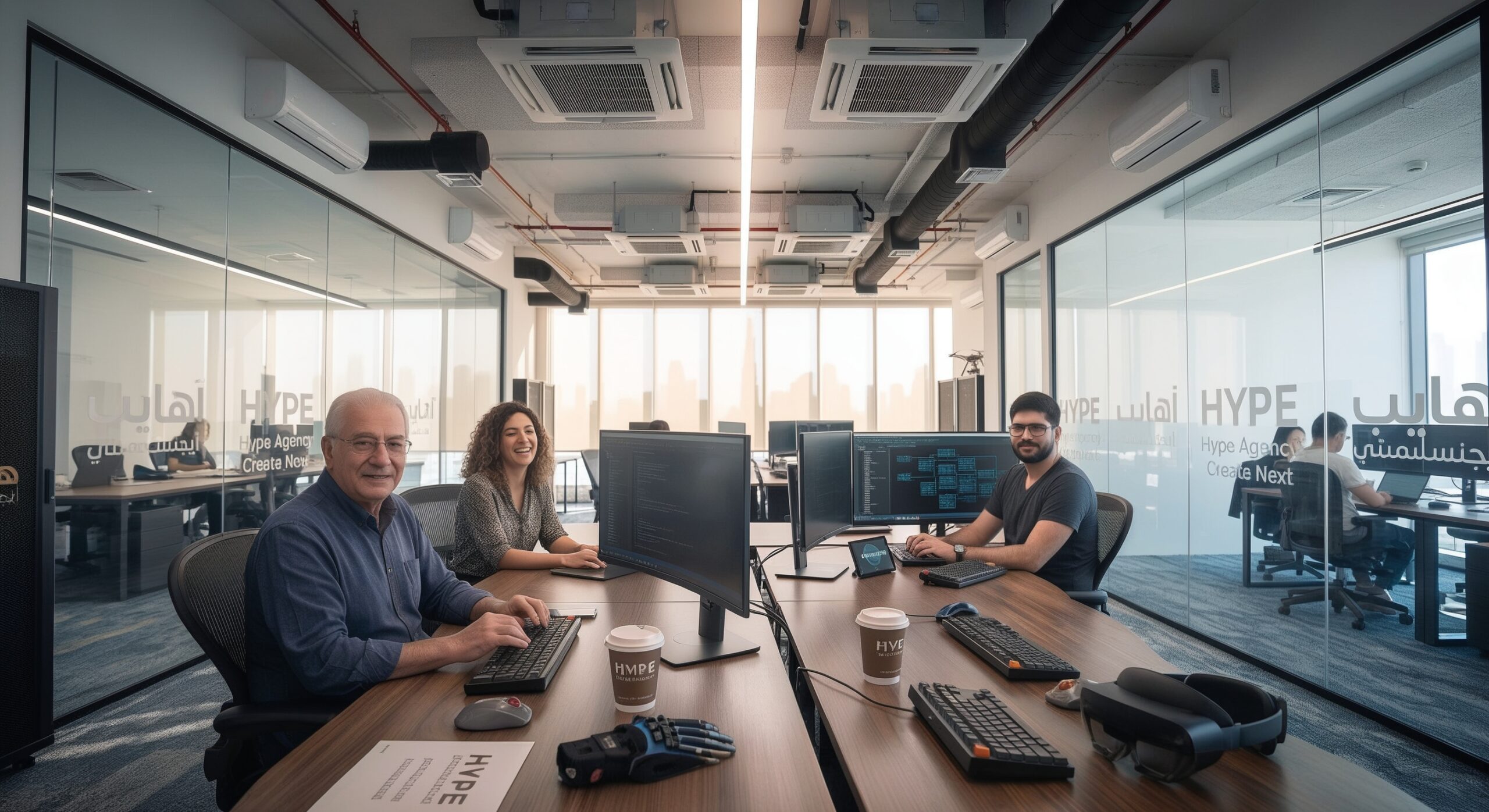 Matteo sits at the front desk smiling beside Fatima as they collaborate in the modern open-plan office of Hype Agency in Dubai. Across the long wooden workstation, Tariq works on a code-filled monitor next to a VR headset and mechanical keyboards, while other team members can be seen working in glass-enclosed spaces overlooking the sunlit Dubai skyline.
