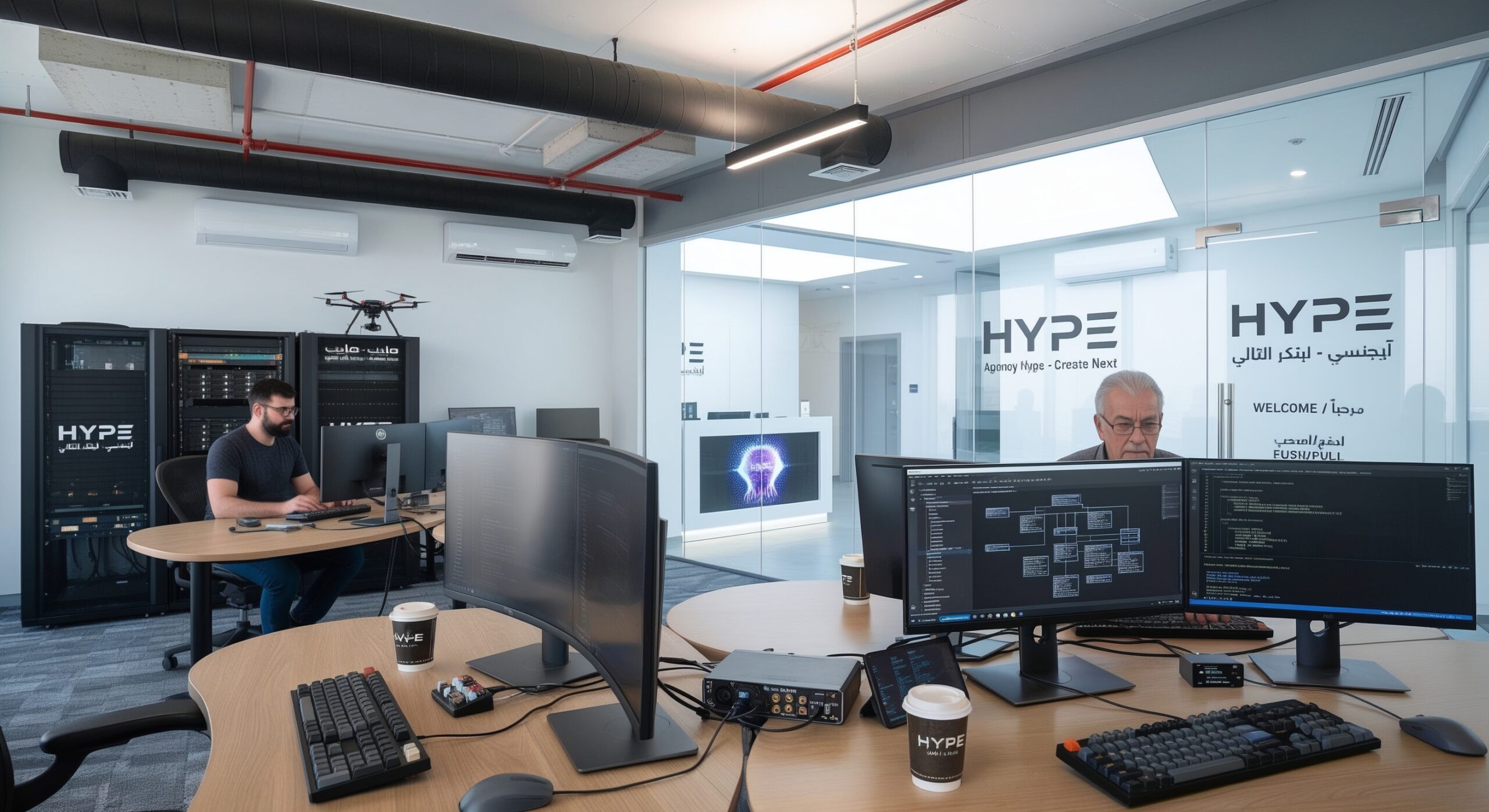 Inside the modern Hype Agency office in Dubai, Matteo works attentively behind dual monitors displaying software code and circuit diagrams, while Omar sits at the adjacent desk focusing on his computer next to Hype-branded server racks and a mounted drone. The spacious, open workspace is enclosed by glass walls featuring bilingual Hype signage that opens into the reception lobby.