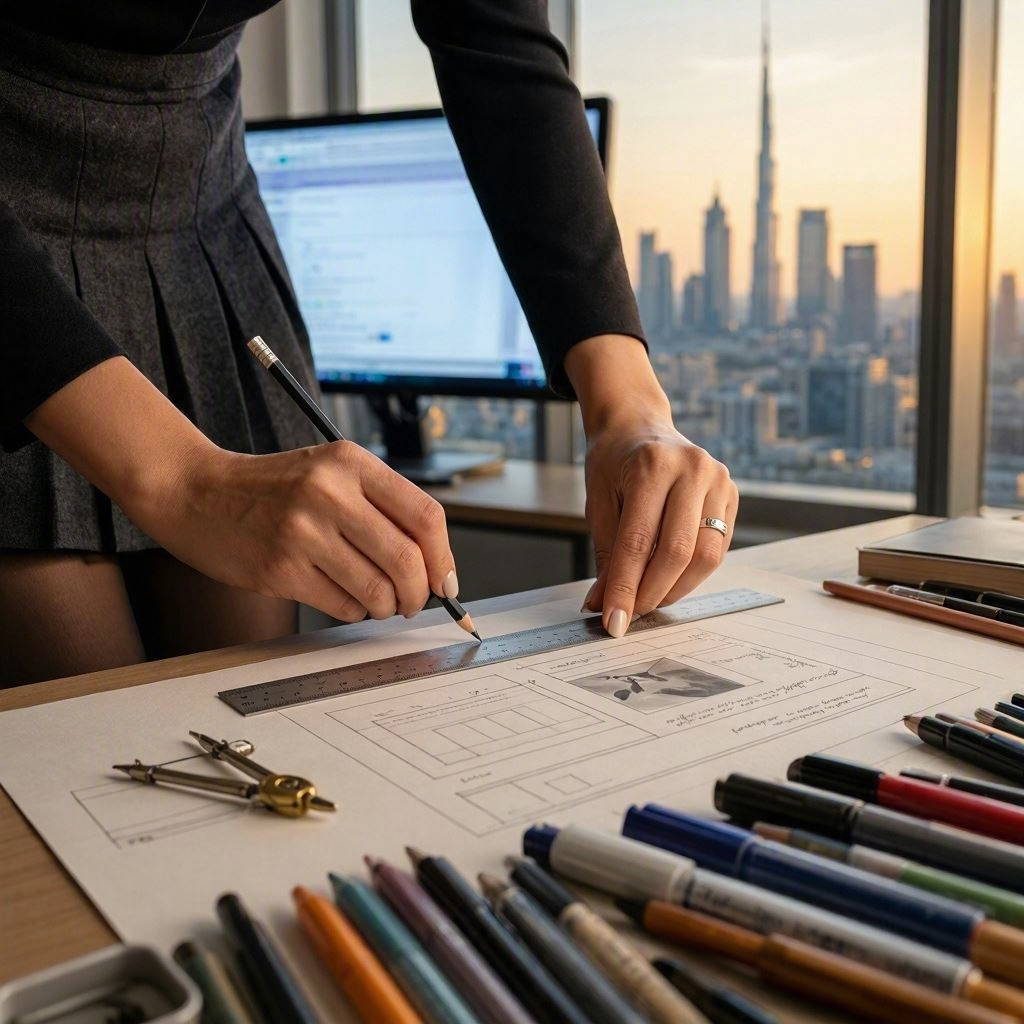 A designer works at a wooden studio desk drafting wireframe layout sketches on paper using a pencil and ruler, surrounded by drafting compasses and colored markers. In the background, an office monitor and expansive windows reveal a skyline view of Dubai and the Burj Khalifa during sunset. This image is created by ai