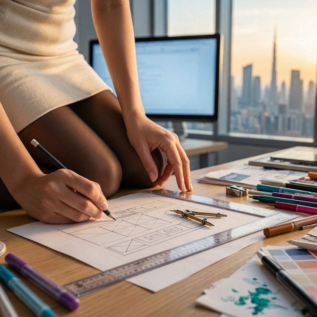 A creative professional leans over a drafting desk to hand-draw website wireframe layouts on large paper using a pencil, straightedge ruler, and compass, with scattered colored markers, swatch cards, and a city skyline framed in the background window. This image is created by ai