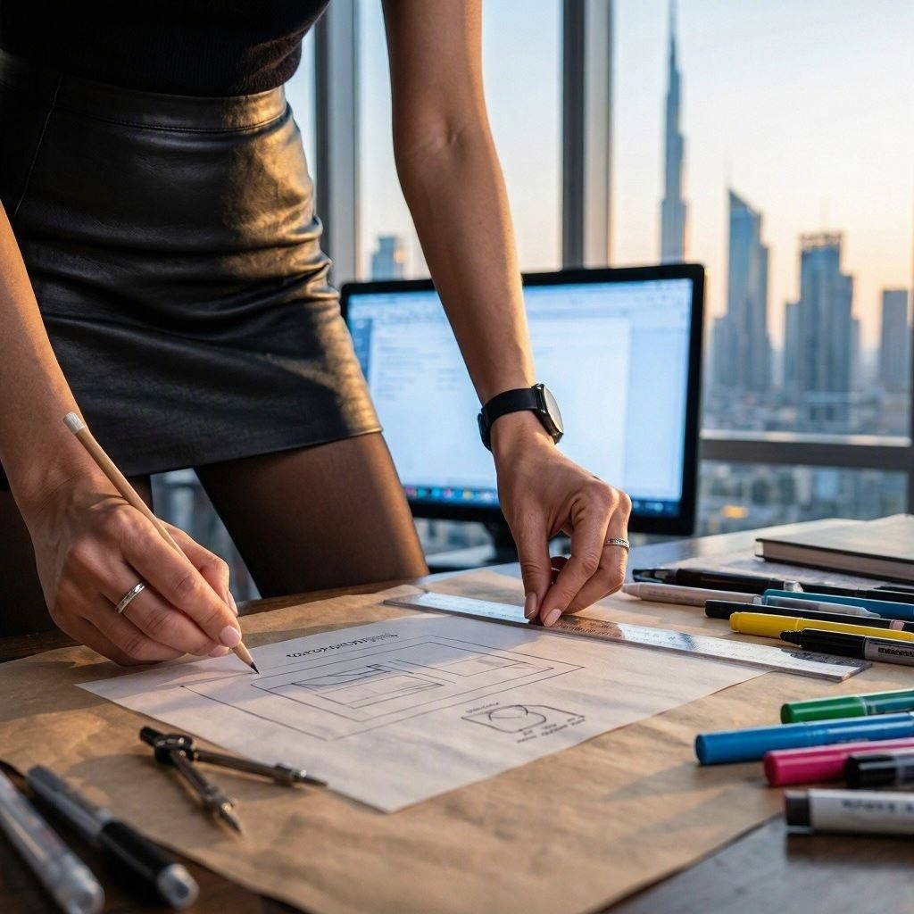 A female designer in a black leather skirt stands over a wooden desk, precisely sketching UI/UX website wireframes with a pencil and ruler among scattered art supplies, markers, and a drafting compass, set against a backdrop of a city skyline at dusk. This image is created by ai