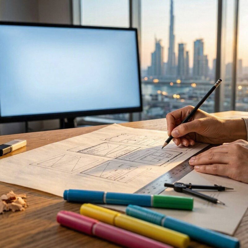 A close-up view focuses on hands sketching multi-frame website wireframes on parchment paper using a pencil and metal ruler on a wooden desk, surrounded by colorful markers, an eraser, and a compass, with a wide monitor and high-rise cityscape in the background. This image is created by ai