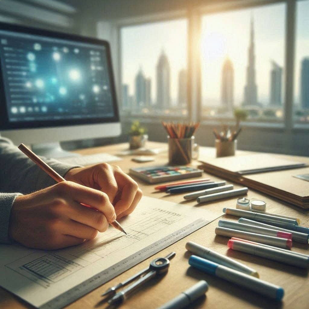 A designer hand-sketches architectural website blueprints with a pencil and straightedge on a bright wooden desk, accompanied by markers, drafting tools, and a computer monitor, illuminated by warm sunlight streaming through high-rise windows overlooking a city skyline. This image is created by ai
