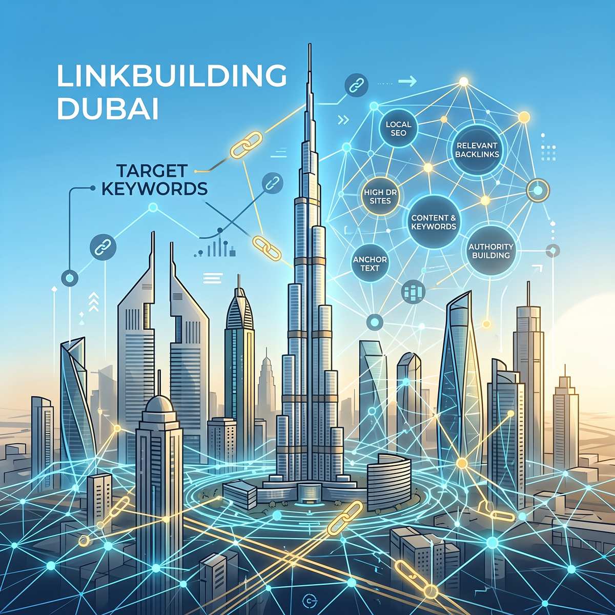 Link building in Dubai: an illustrative SEO concept with the futuristic city skyline. An illustrative digital drawing featuring a futuristic view of the Dubai skyline with the Burj Khalifa at the center. It is an image generated by AI, showing complex, interconnected lines, link icons, and data points labeled with SEO and link building concepts such as "LOCAL SEO", "RELEVANT BACKLINKS", "ANCHOR TEXT", "TARGET KEYWORDS", "HIGH DR SITES", "CONTENT & KEYWORDS", and "AUTHORITY BUILDING", all set against a clear blue and warm gradient sky over stylized modern buildings.