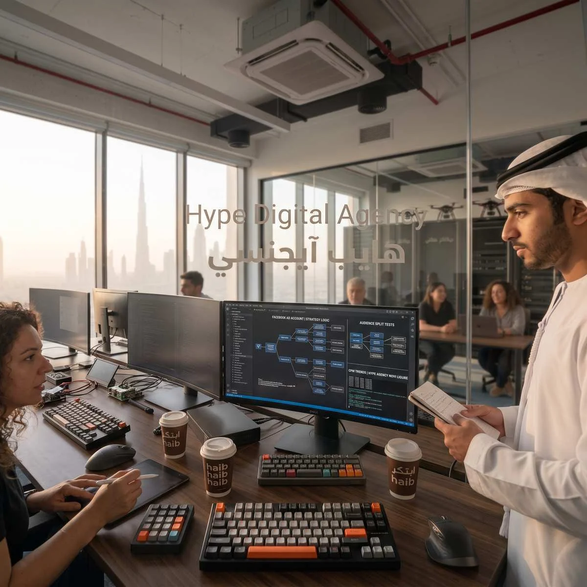 An office photograph, taken at a medium angle, showing a man in traditional Emirati dress standing and looking at a tablet in one hand and a pen in the other, while a woman with curly brown hair is seated across from him looking at a computer monitor. The two are in a modern office with high ceilings, visible air ducts, and large windows revealing the Dubai skyline with the Burj Khalifa building in the distance. On the desk are two computer monitors, a keyboard, a mouse, a graphic tablet with a pen, and four takeaway coffee cups with the "haib" logo. Behind them is a glass wall showing other people seated at a table in a separate room. The lighting is natural, coming from the windows. Image ai generated.