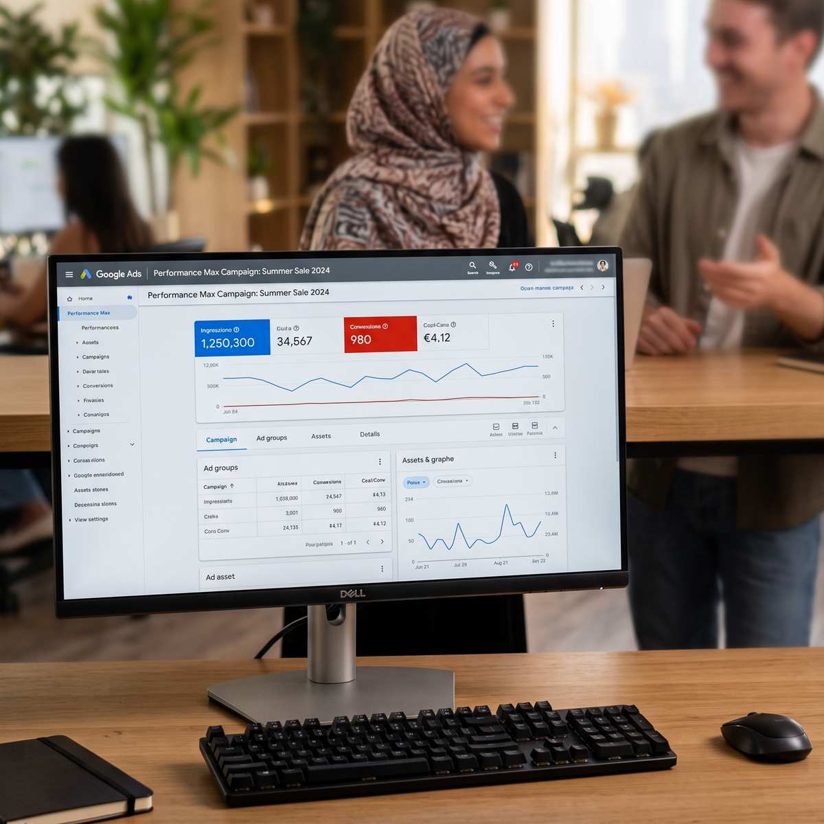 AI generated image showing a computer monitor on a wooden desk displaying a Google Ads dashboard with Performance Max campaign analytics, charts, and metrics, while in the blurred background two smiling colleagues, including a woman wearing a patterned hijab, collaborate in an office setting.