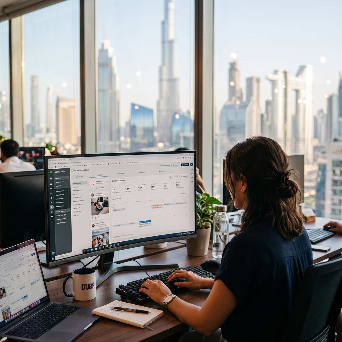 Woman managing social media analytics in an office with Dubai skyline view AI generated image of a woman working at an office desk while analyzing a social media dashboard on a large curved monitor, with a laptop, notebook, and Dubai mug nearby against a bright window overlooking Dubai skyscrapers.
